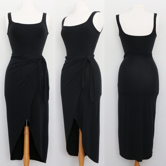 Aritzia Wilfred Saturn Midi Dress Black Square Neck Soft Stretchy Midi Wrap XS - Picture 12 of 12